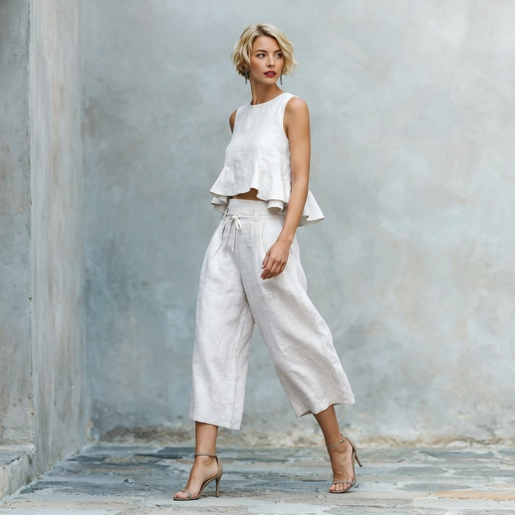 Ensemble en mélange de lin sculpté 2 pièces pour l'été | Haut sans manches à volants et jupe-culotte taille haute à jambes larges