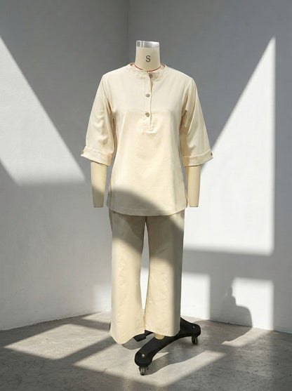 Women's Linen Look 2-Piece Lounge Set | Casual Half Sleeve Button Top & Wide Leg Pants Suit