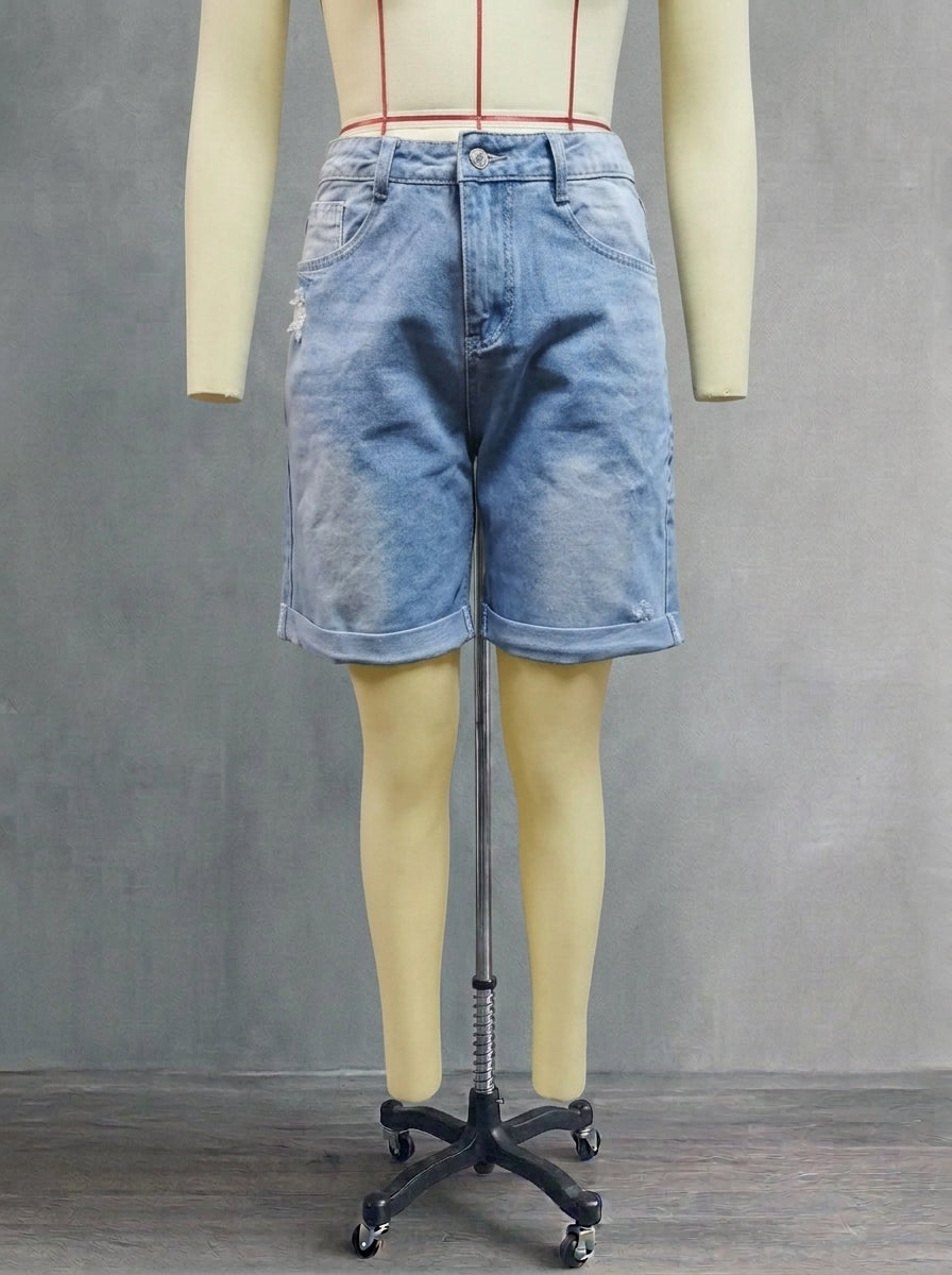 Women's Distressed Bermuda Denim Shorts | Mid-Thigh Loose Fit Washed Blue Jean Shorts with Rolled Cuffs