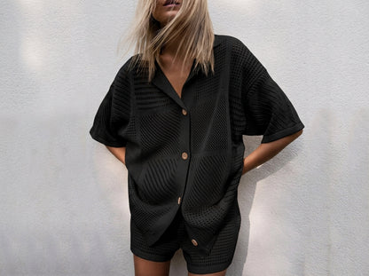 Boho Chic Knit Matching Set for Women – Oversized Hollow Out Beach Tunic & Knit Shorts, Retro Crochet Summer 2 Piece Outfit