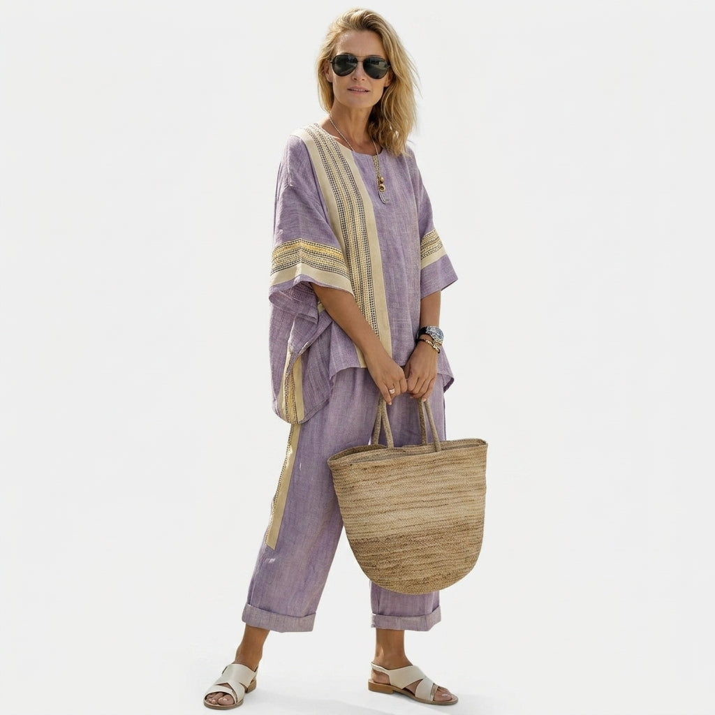 Bohemian Purple Summer Matching Set for Women – Chic Oversized Tunic & Rolled-up Trousers, Breezy Beach Holiday 2 Piece Outfit
