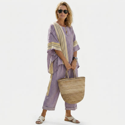 Bohemian Purple Summer Matching Set for Women – Chic Oversized Tunic & Rolled-up Trousers, Breezy Beach Holiday 2 Piece Outfit