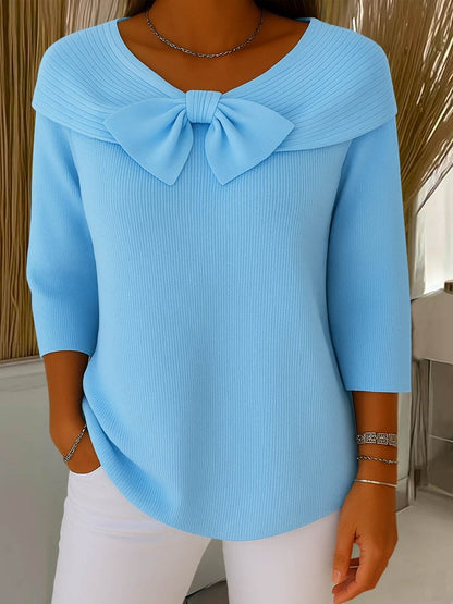 Women's Large Bow Off-the-Shoulder Knit Sweater | Casual Long Sleeve Ribbed Jumper Top