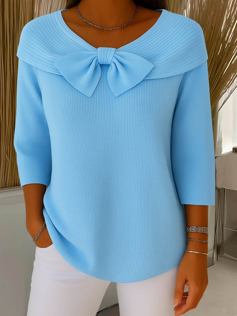 Women's Large Bow Off-the-Shoulder Knit Sweater | Casual Long Sleeve Ribbed Jumper Top