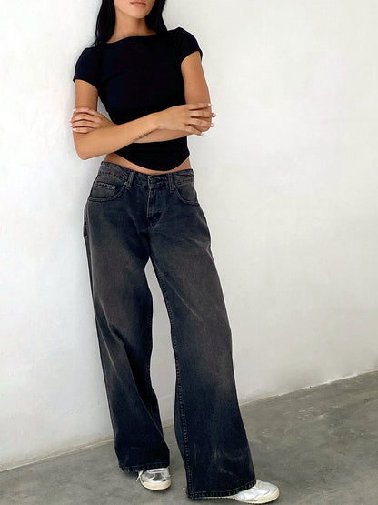 Women's Washed Denim Wide-Leg Vintage-Inspired Distressed Straight-Leg Jeans - product detail view 9