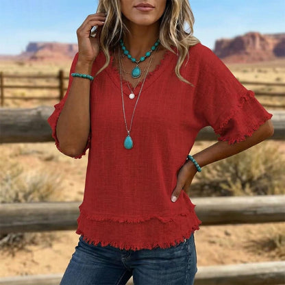 Casual Short-sleeve Raw-hem Linen-blend Top