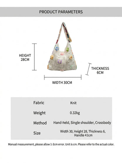 Bohemian Granny Square Crochet Tote Bag - Handmade Floral Knit Beach Shoulder Purse for Women