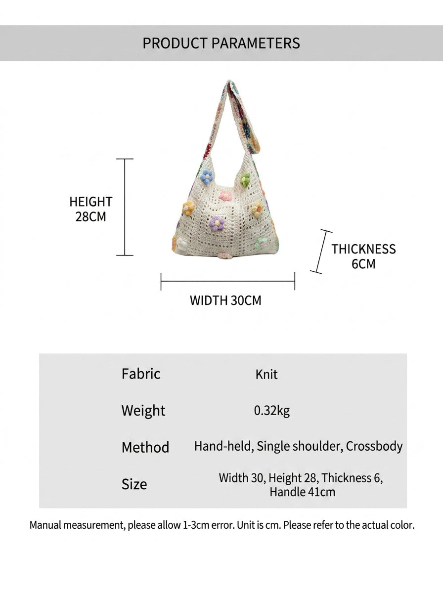 Bohemian Granny Square Crochet Tote Bag - Handmade Floral Knit Beach Shoulder Purse for Women