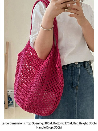 Bohemian Mesh Crochet Tote Bag - Slouchy Handwoven Cotton Knit Shoulder Purse & Beach Net Bag