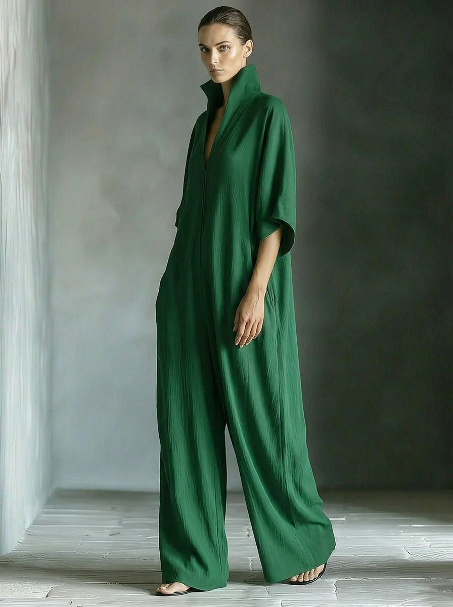 Elegant Stand Collar V-Neck Kaftan Dress - Loose Fit Half Sleeve Maxi Long Dress with Pockets