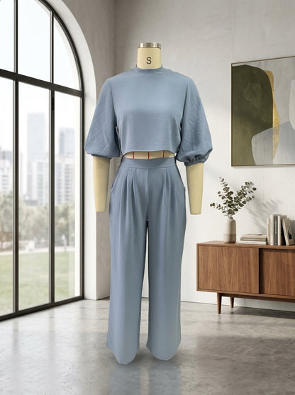 Elegant Two-Piece Matching Set - Mock Neck Crop Top & High-Waist Wide Leg Pants Set