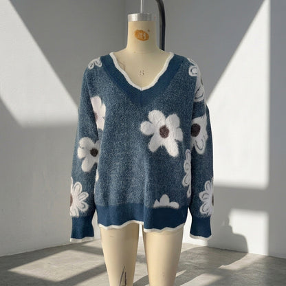 Women's Floral Eyelash Knit Sweater | Casual V-Neck Long Sleeve Fuzzy Pullover Jumper