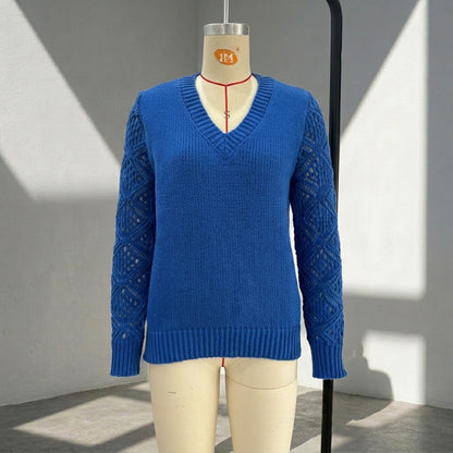 Women's Hollow Out Lace Sleeve Sweater | Casual V-Neck Solid Color Long Sleeve Pullover Top