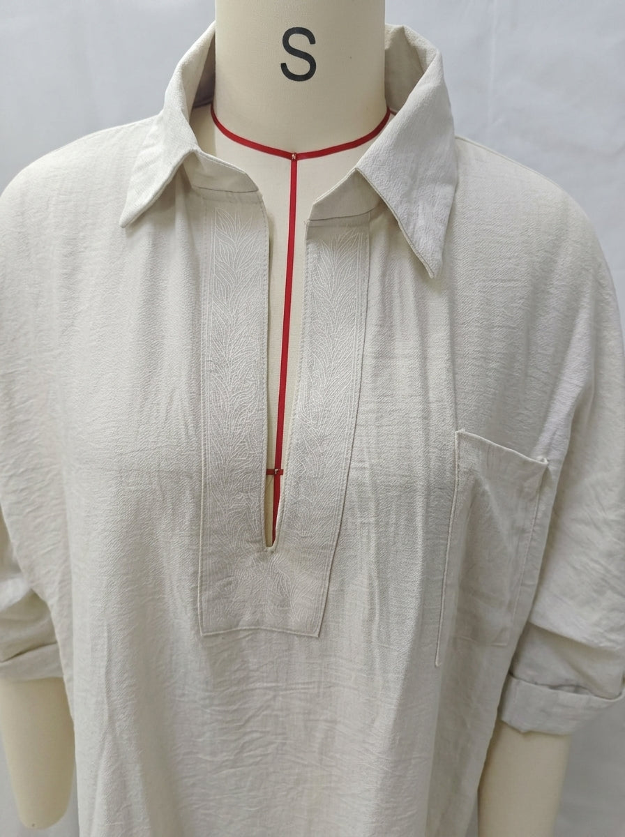 Women's Minimalist Linen-Look Maxi Dress | Casual Polo Collar Roll-Up Short Sleeve Kaftan