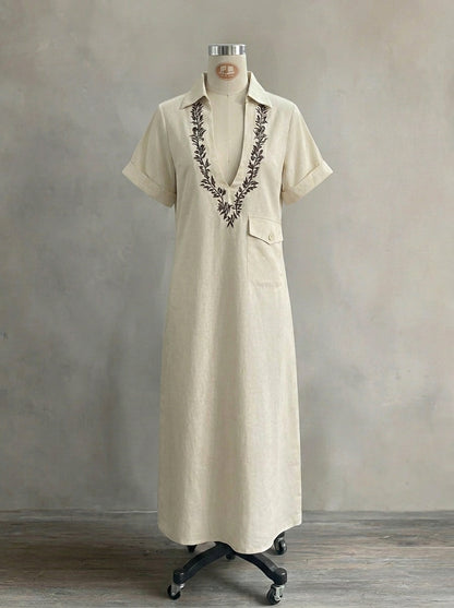 Boho Embroidered-Look Long Dress for Women - Elegant Split Neck Resort Vacation Kaftan
