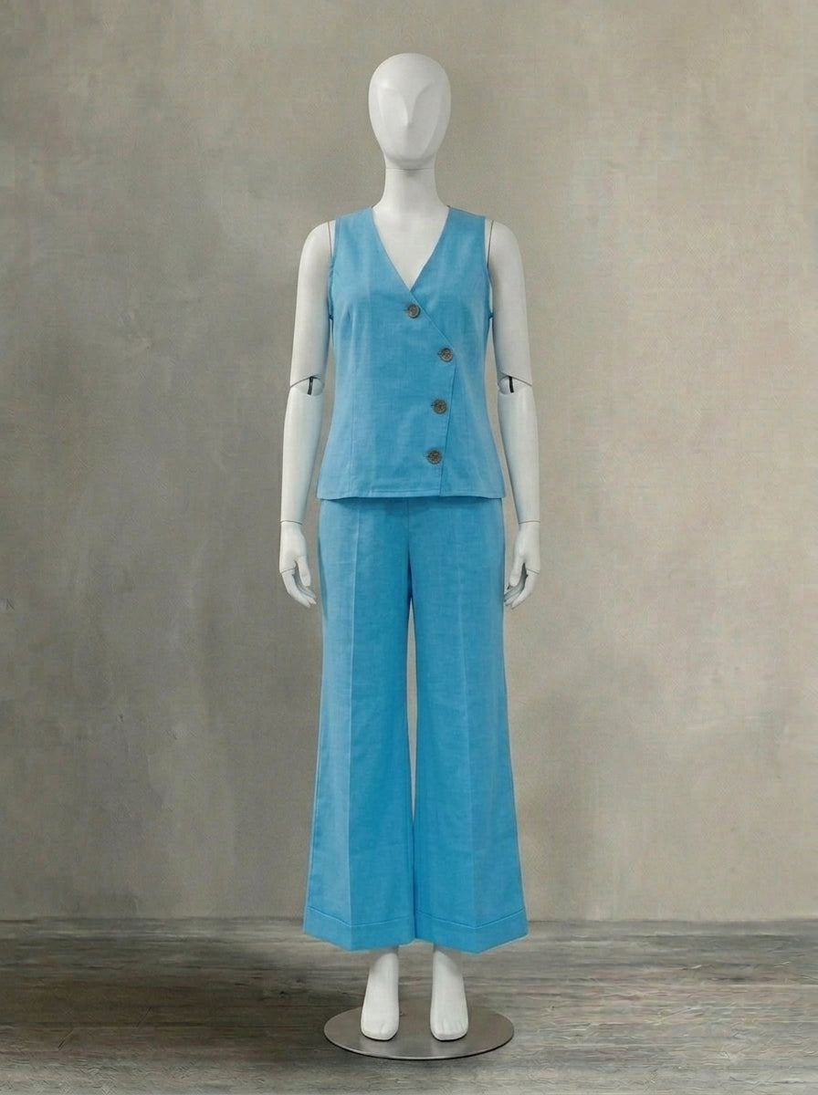 Women's Asymmetric Button Linen-Look Vest 2-Piece Set | Casual Sleeveless Top & Wide Leg Pants Suit