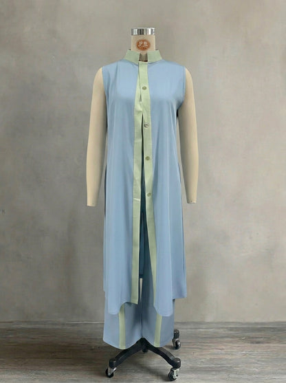 Women's Color Block 2-Piece Lounge Set | Casual Longline Sleeveless Cardigan & Wide Leg Pants Suit