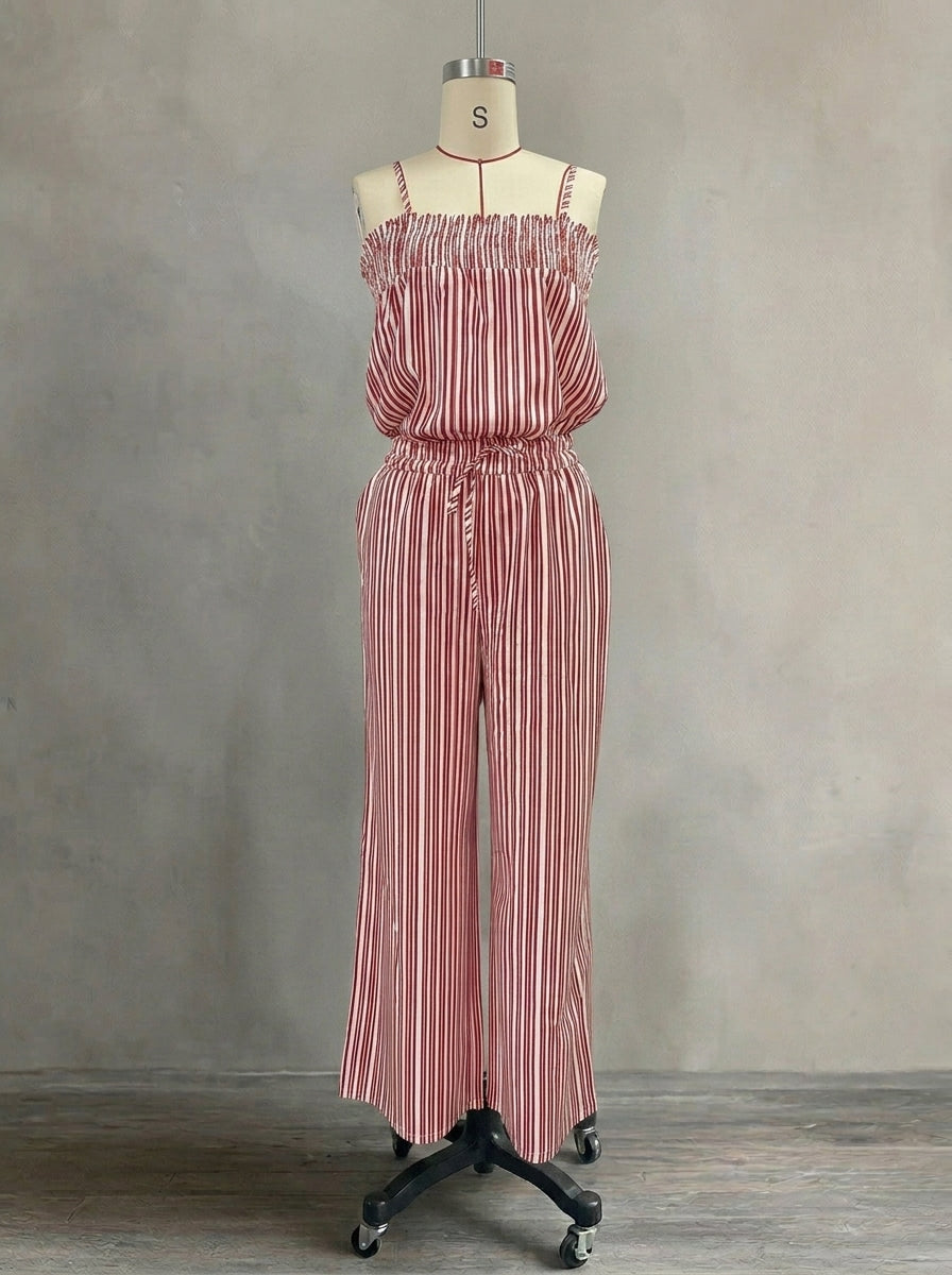 Chic Vertical Stripe Co-ord Set for Women - Smocked Camisole and Breezy Trousers