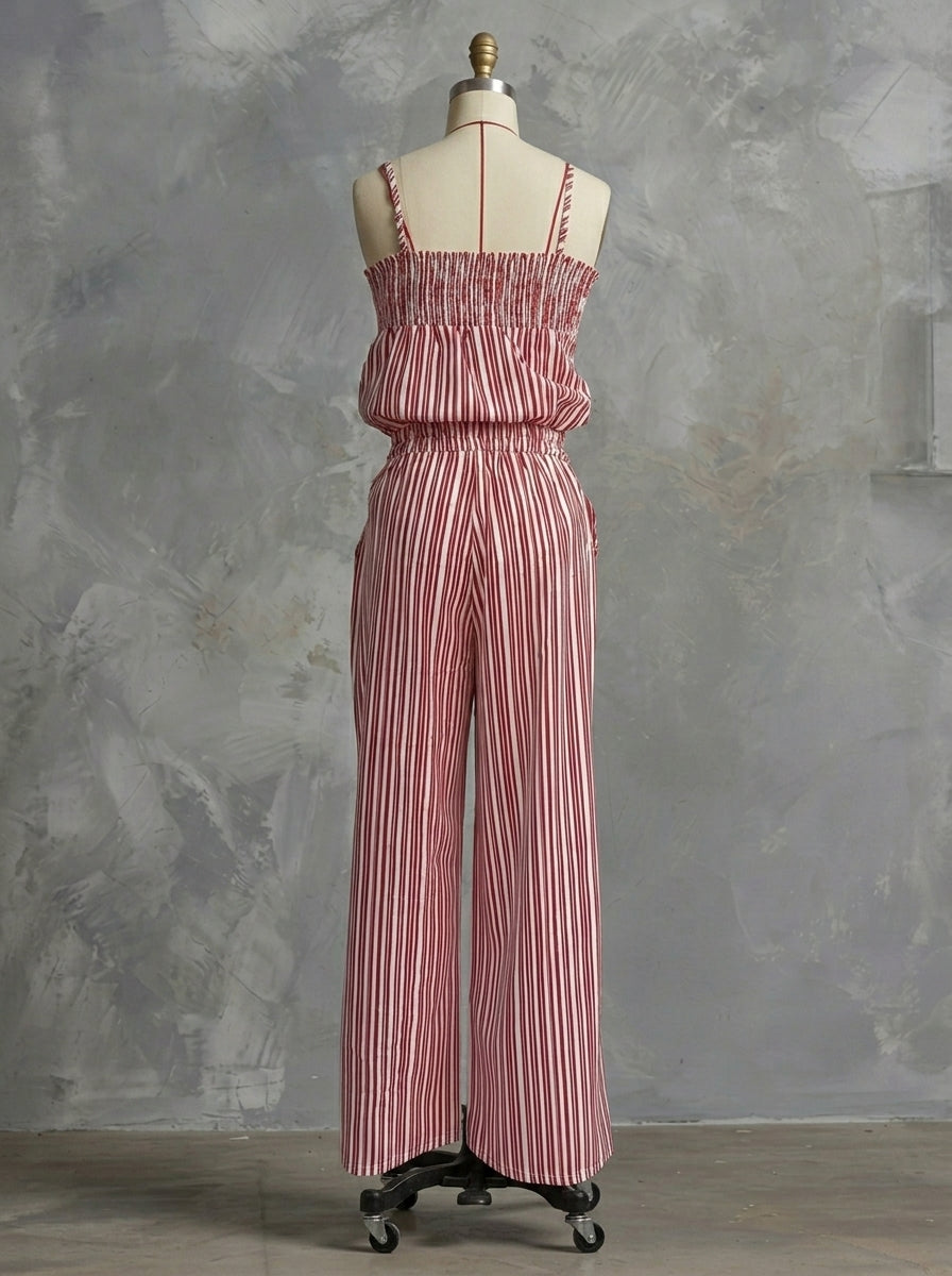 Chic Vertical Stripe Co-ord Set for Women - Smocked Camisole and Breezy Trousers