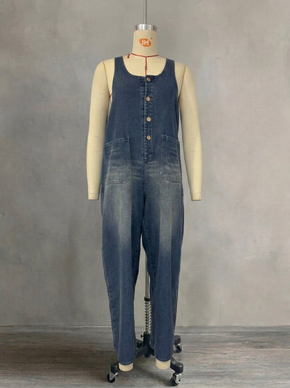 Vintage Washed Denim Scoop Neck Jumpsuit for Women - Loose Fit Harem Overalls with Pockets