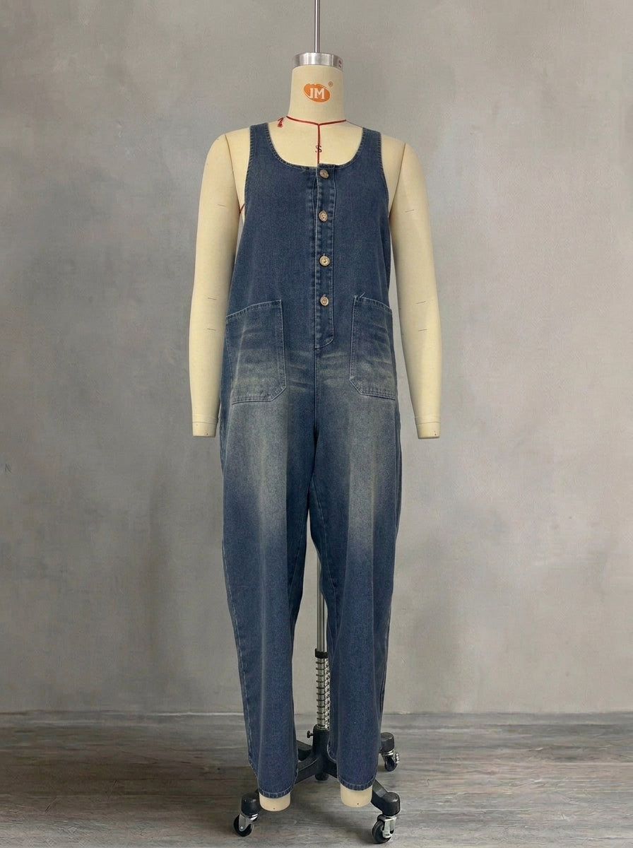 Vintage Washed Denim Scoop Neck Jumpsuit for Women - Loose Fit Harem Overalls with Pockets