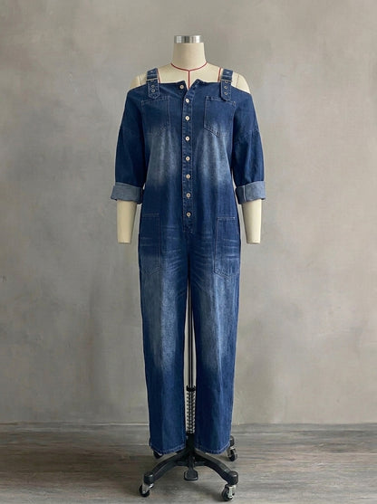 Vintage Washed Denim Jumpsuit for Women - Sexy Off-the-Shoulder Long Sleeve One-Piece