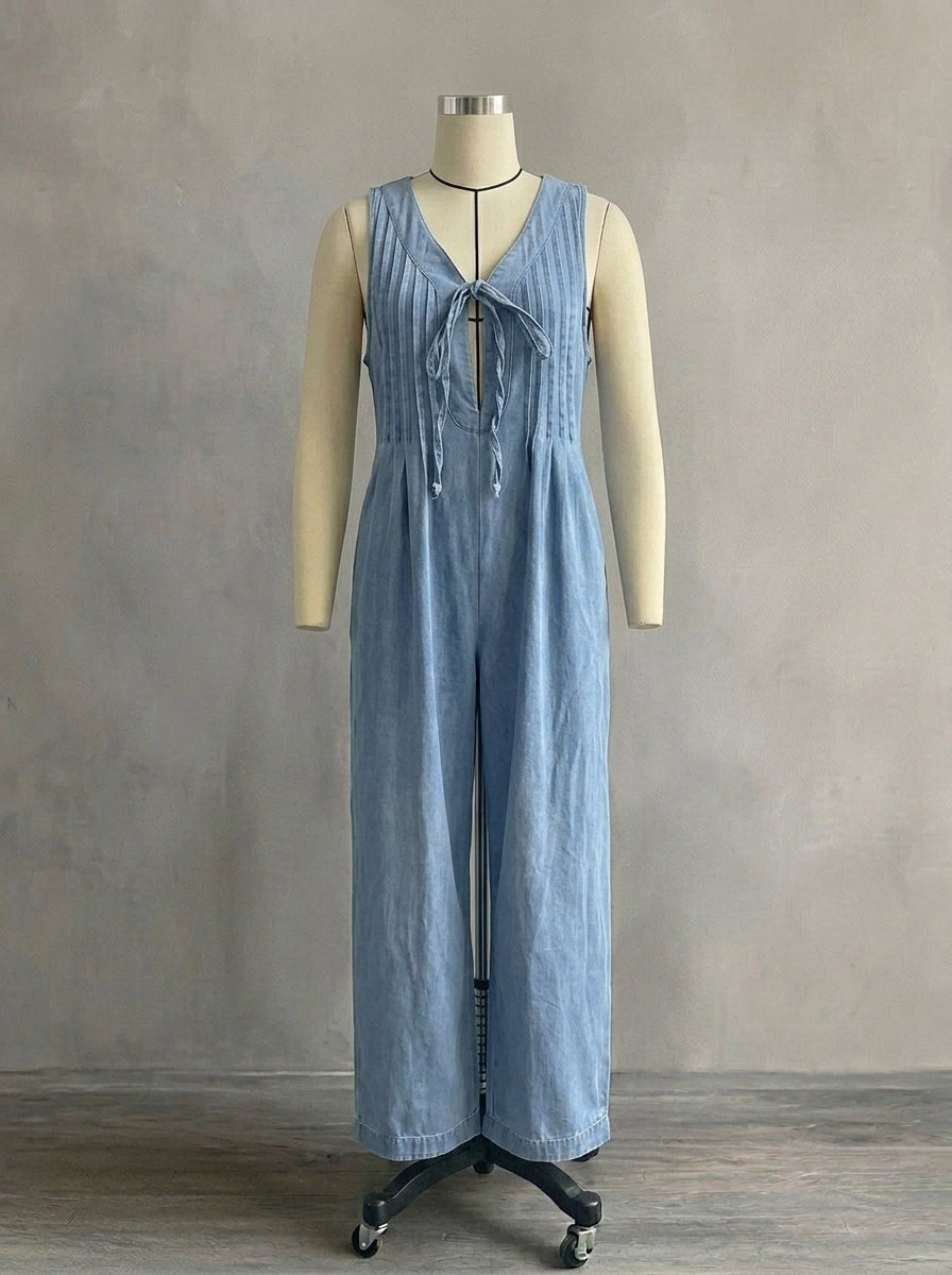 Vintage Washed Denim Wide Leg Romper for Women - Artsy V-Neck Pintuck Jumpsuit