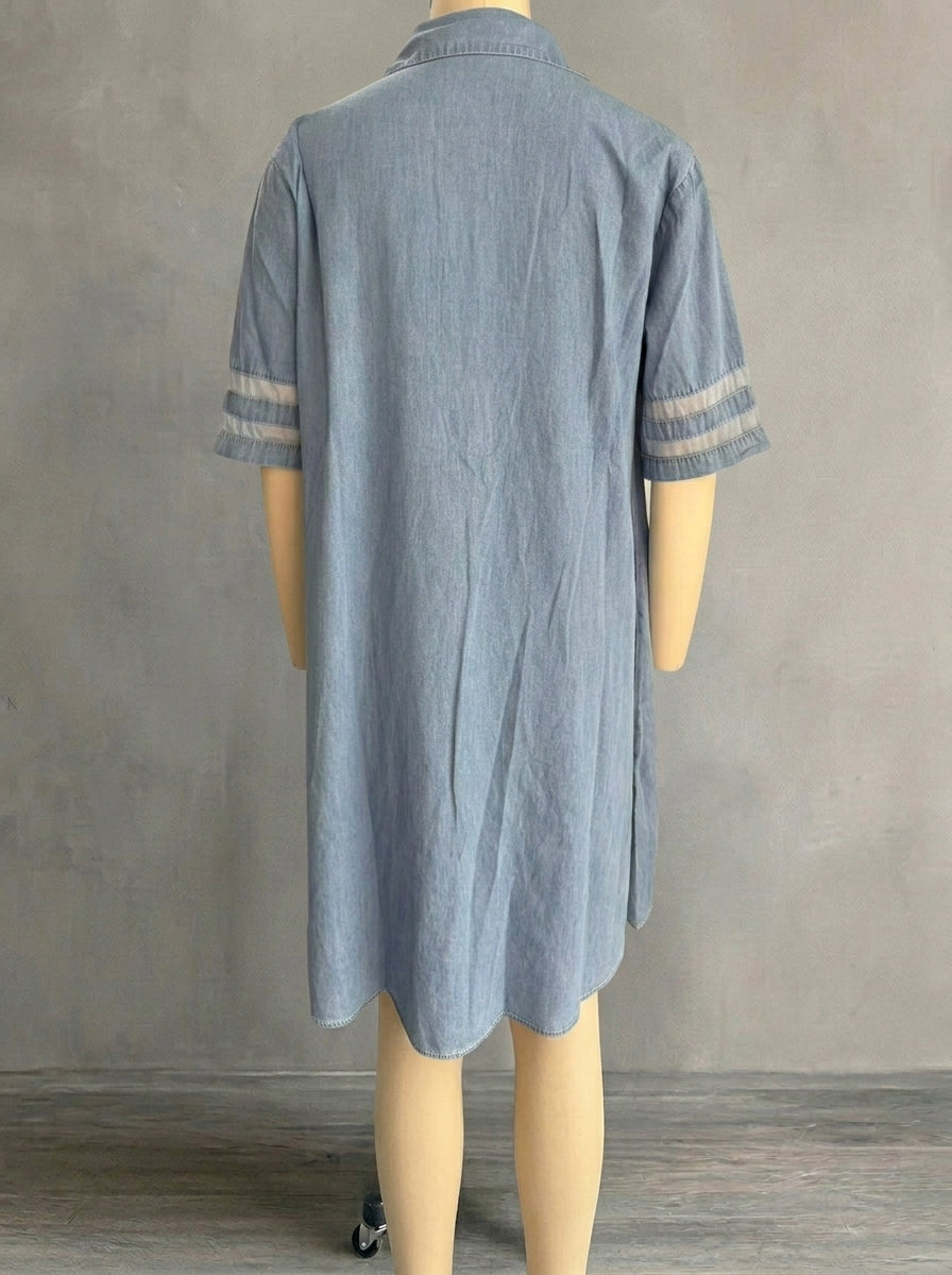 Vintage Washed Denim Tunic Dress for Women - Chic Mesh Patchwork Dress with Pockets