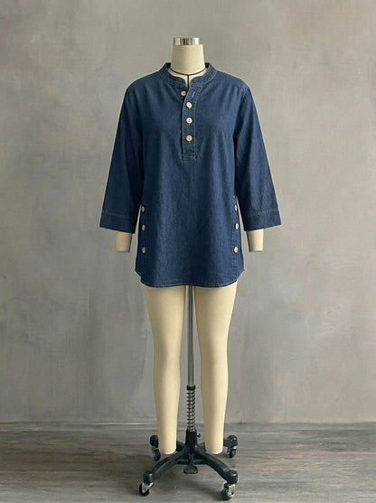 Vintage Solid Blue Denim Top for Women - Chic Side Button Curved Hem Tunic Top