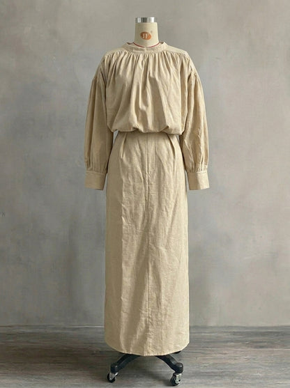 Elegant Solid Color Pleated Maxi Dress for Women - Soft Loose Fit Bishop Sleeve Kaftan