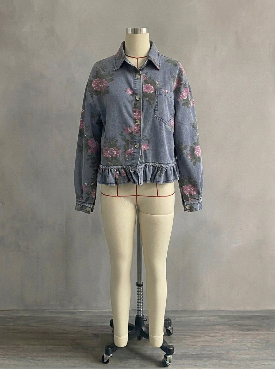 Vintage Rose Print Denim Blouse for Women - Elegant Flounce Trim Loose Fit Top