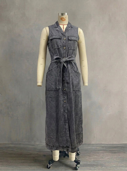 Vintage Solid Pink Denim Shirt Dress for Women - Elegant Turn-Down Collar Vest Dress