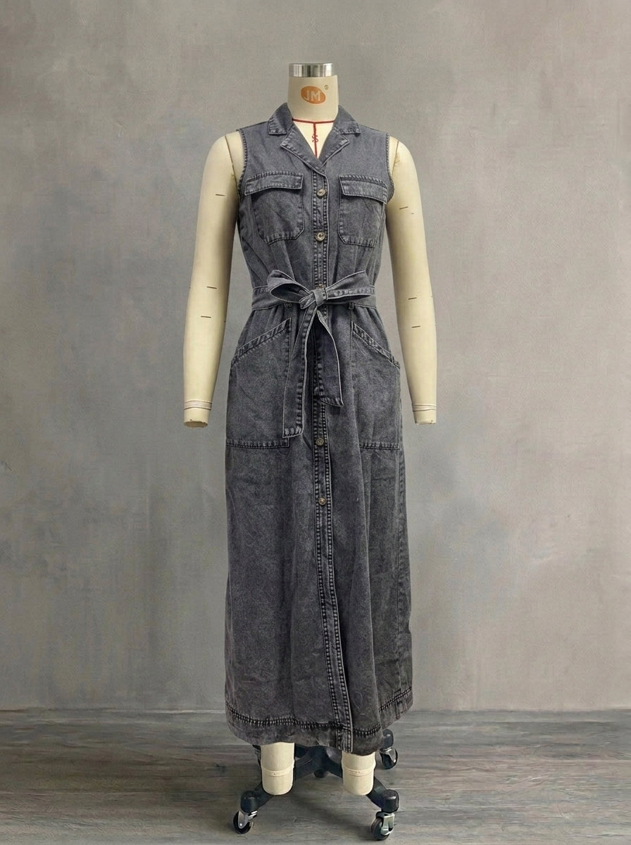 Vintage Solid Pink Denim Shirt Dress for Women - Elegant Turn-Down Collar Vest Dress