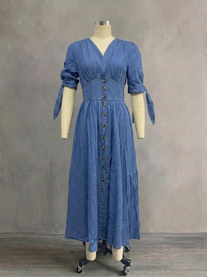 Women's Plunging V-Neck Denim Midi Dress | Casual Puff Sleeve Button Down Long Gown