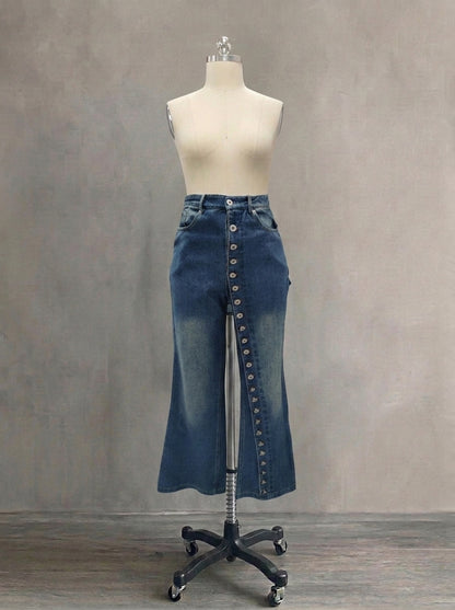 Women's High Street High Waisted Straight Leg Denim Jeans | Vintage Washed Full Button Fly Trendy Pants