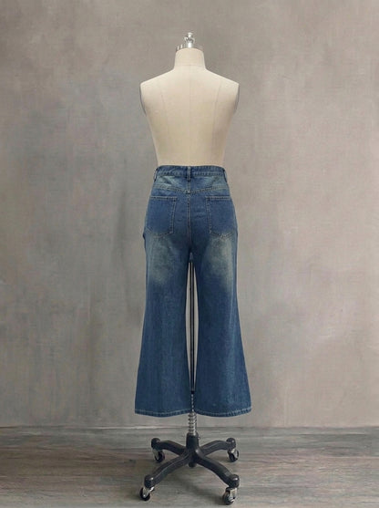Women's High Street High Waisted Straight Leg Denim Jeans | Vintage Washed Full Button Fly Trendy Pants