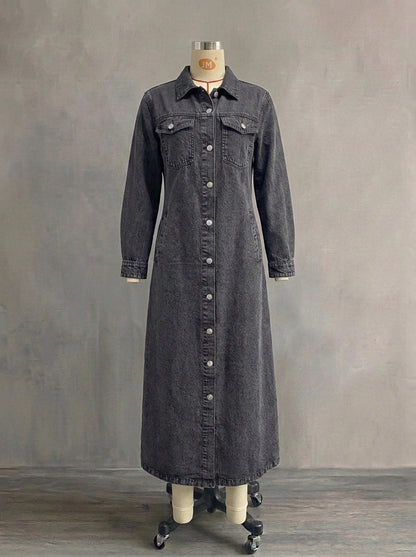Maxi Denim Trench Coat for Women - Casual Long Sleeve Turn-Down Collar Washed Winter Duster Jacket