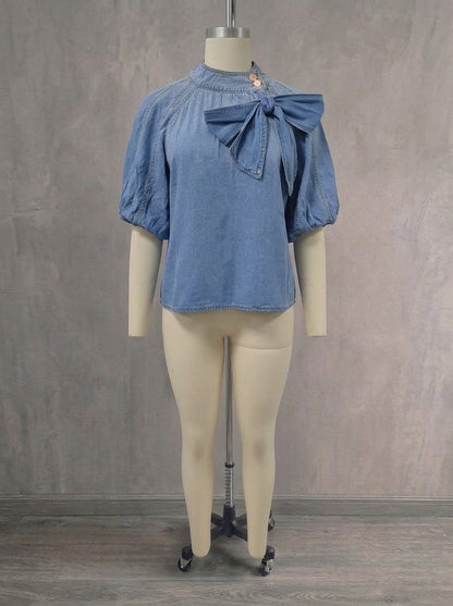 Designer Puff Half Sleeve Denim Shirt - Retro Mock Neck Tie-Front Blouse for Women