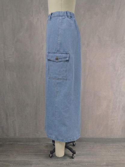 Women's Side Button Washed Denim Midi Skirt | High Waisted Cargo Jean Skirt with Slit