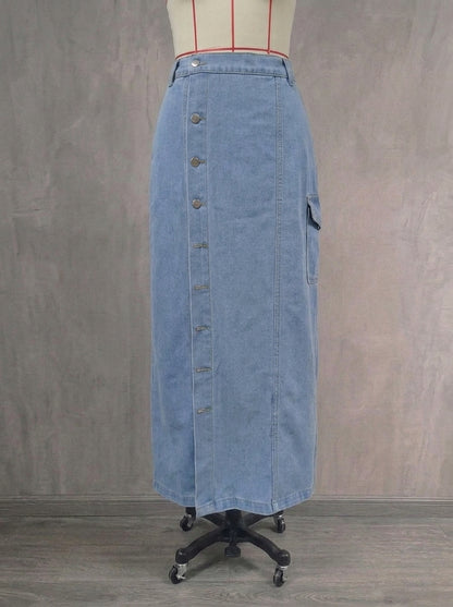 Women's Side Button Washed Denim Midi Skirt | High Waisted Cargo Jean Skirt with Slit
