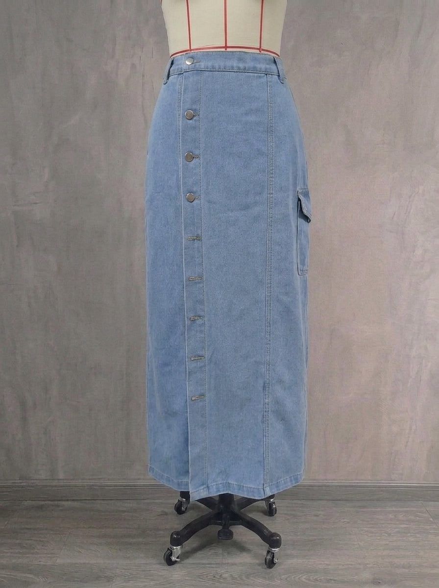 Women's Side Button Washed Denim Midi Skirt | High Waisted Cargo Jean Skirt with Slit