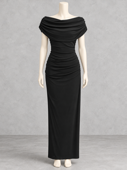 Solid-Color Off-Shoulder Pullover Relaxed-Fit Slim-Fit Ruched Scarf