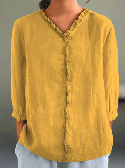 Women's Casual Cotton And Linen Ruffle Collar 3/4 Sleeve Shirt