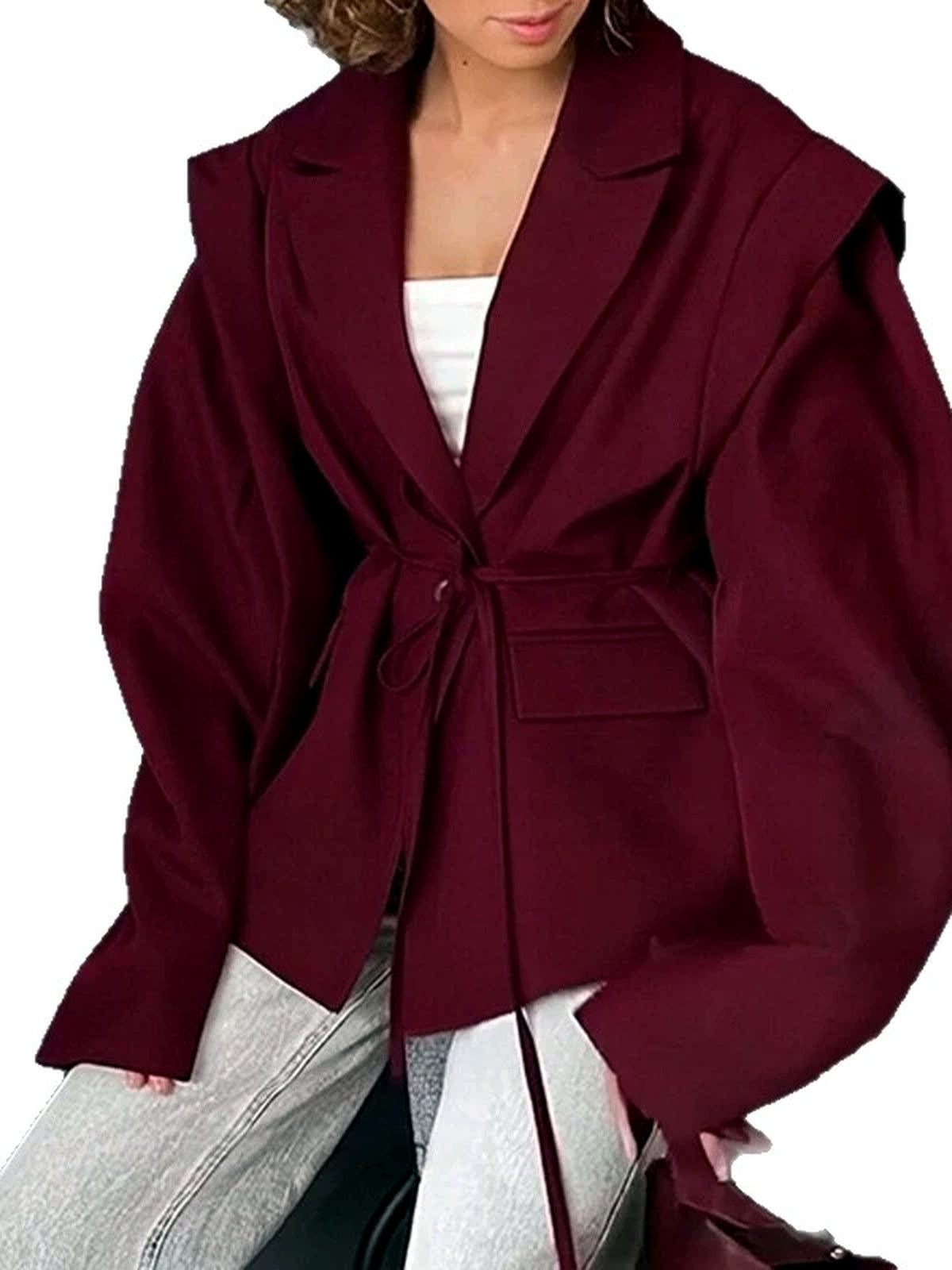 Women's Printed Solid-Color Slim-Fit Belted Long-Sleeve Office Blazer - product detail view 10
