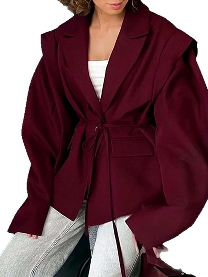 Women's Printed Solid-Color Slim-Fit Belted Long-Sleeve Office Blazer - product detail view 10