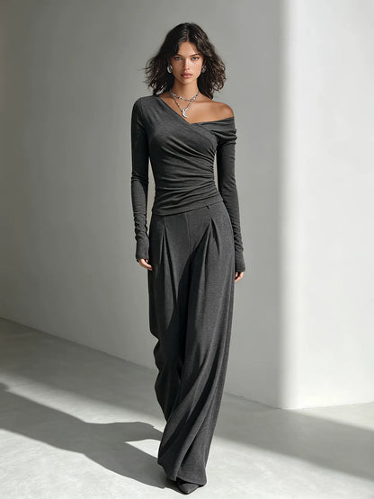 Avant-Garde Asymmetric Knit Set | Ruched Off-Shoulder Top & Pleated Wide-Leg Pants sets