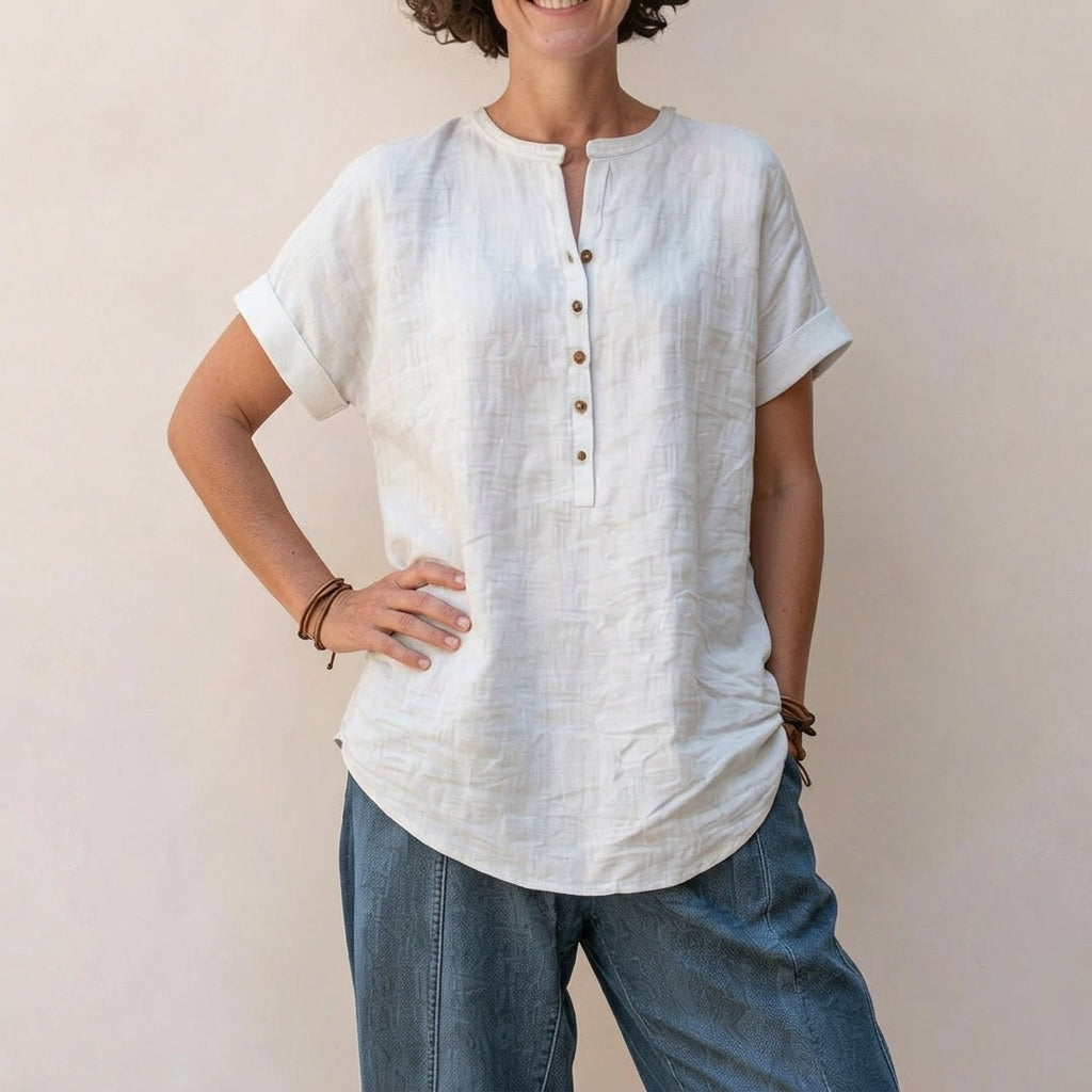 Casual Short-Sleeve Popover Shirt | Breathable Cotton-Linen Tunic with Cuffed Sleeves