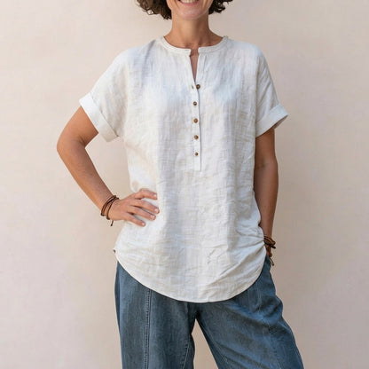 Casual Short-Sleeve Popover Shirt | Breathable Cotton-Linen Tunic with Cuffed Sleeves