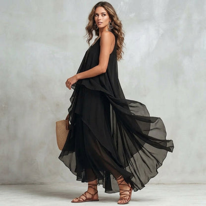 Robe longue de vacances vaporeuse à volants – Coupe ample et légère, style sophistiqué