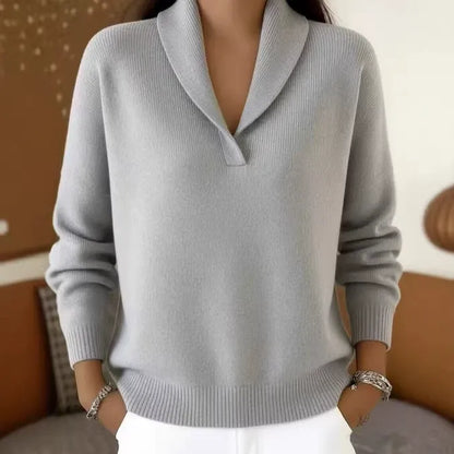 Women's Shawl Collar V-Neck Knit Sweater | Casual Solid Color Long Sleeve Pullover Top